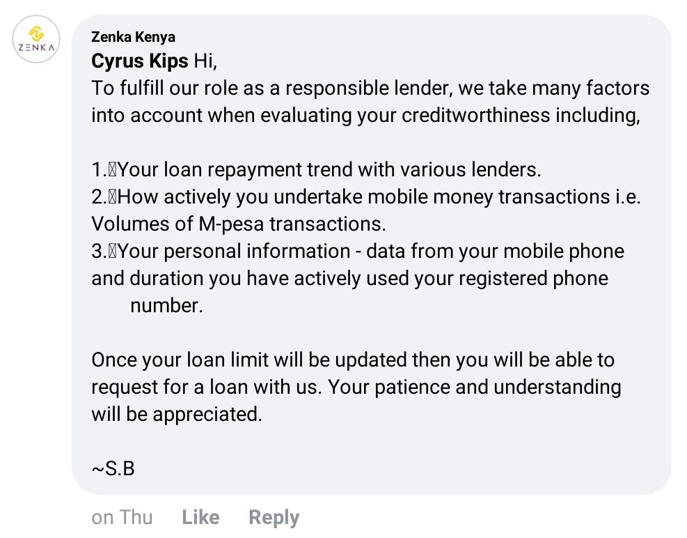 zenka not eligible for loan response screenshot.2